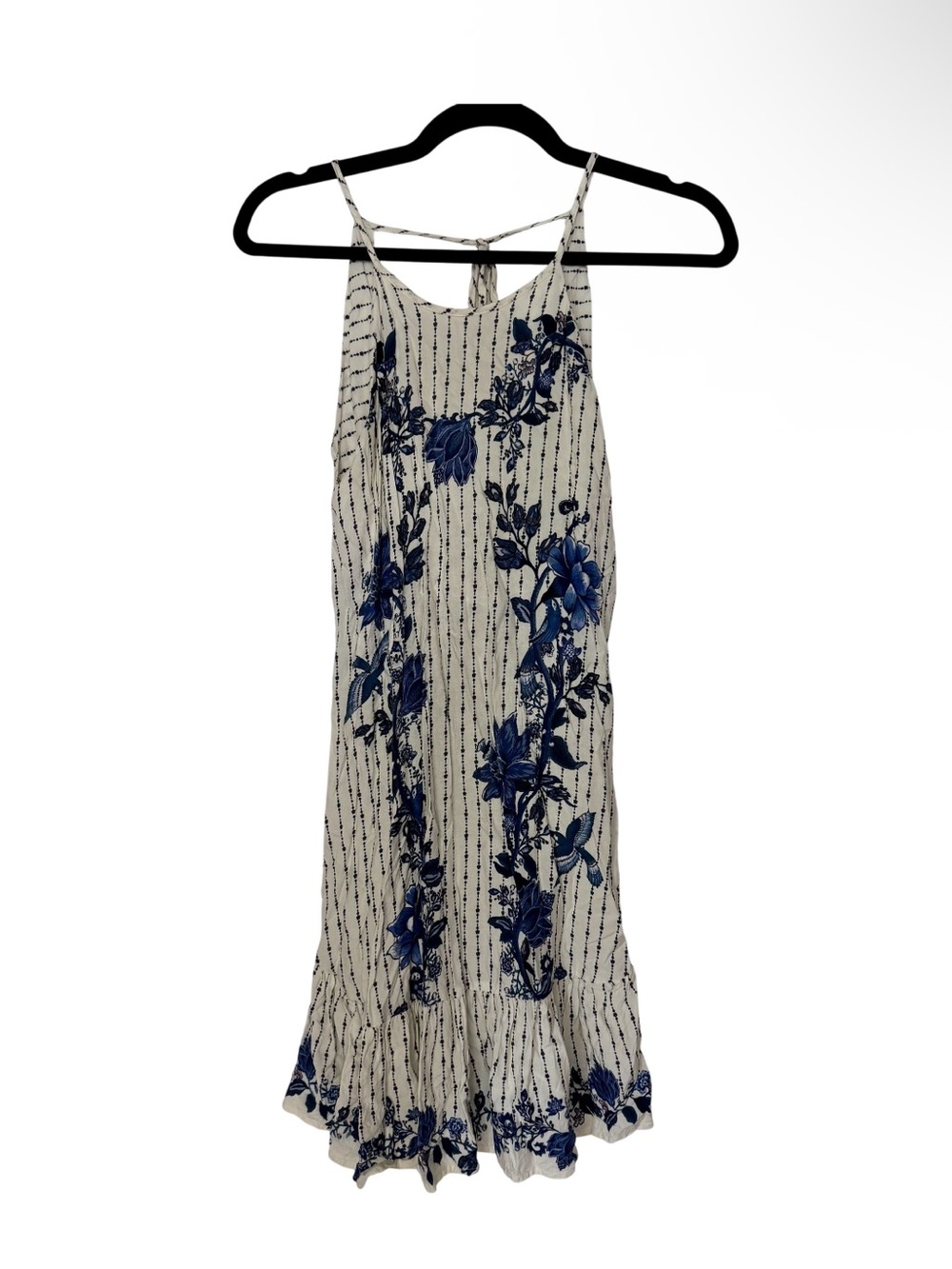 FARM Rio Cream and Blue Floral Sundress with Ruffle Hem